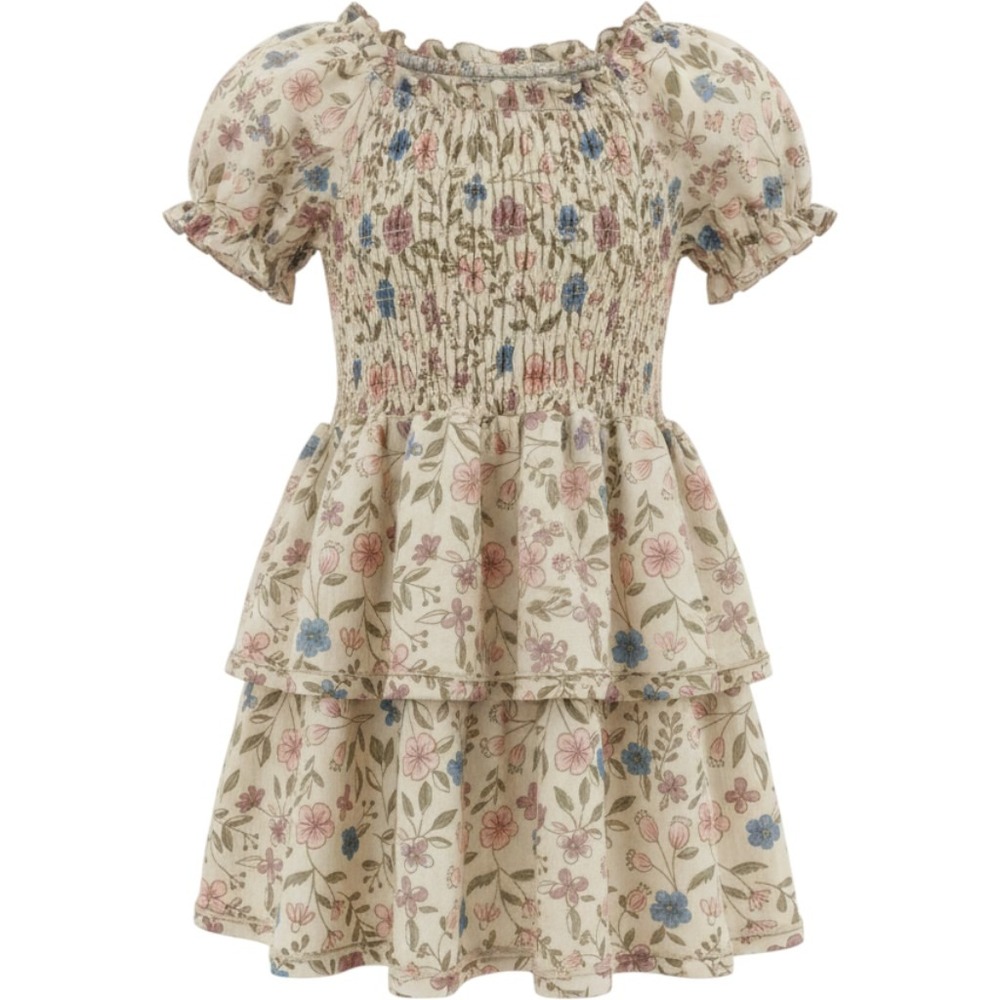 (B4) Rabbit + Bear 3T Organic Cotton Floral Smocked Tiered Ruffle Dress Toddler